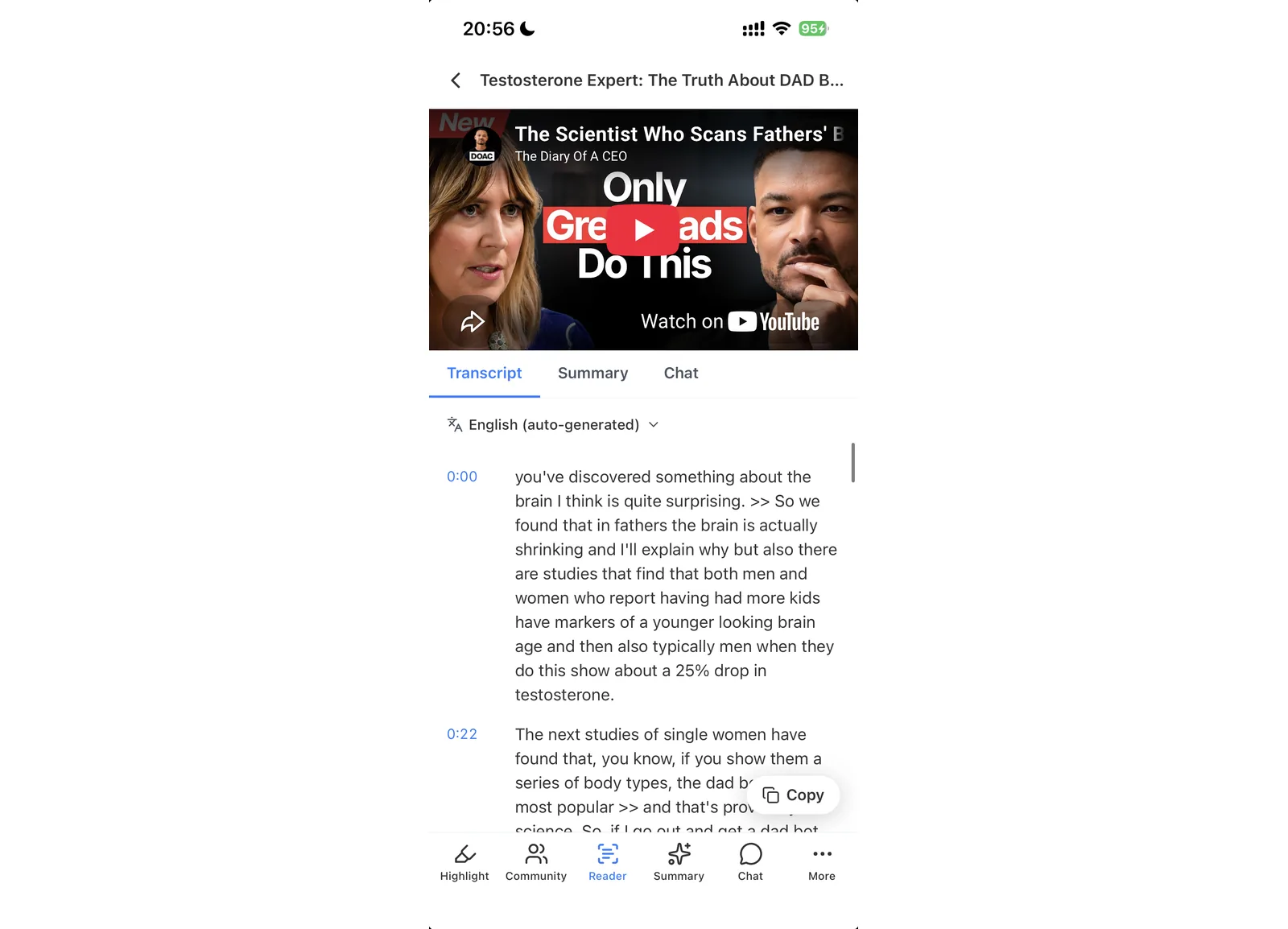 Um vídeo do YouTube aberto no Reader, com as abas Transcript, Summary e Chat