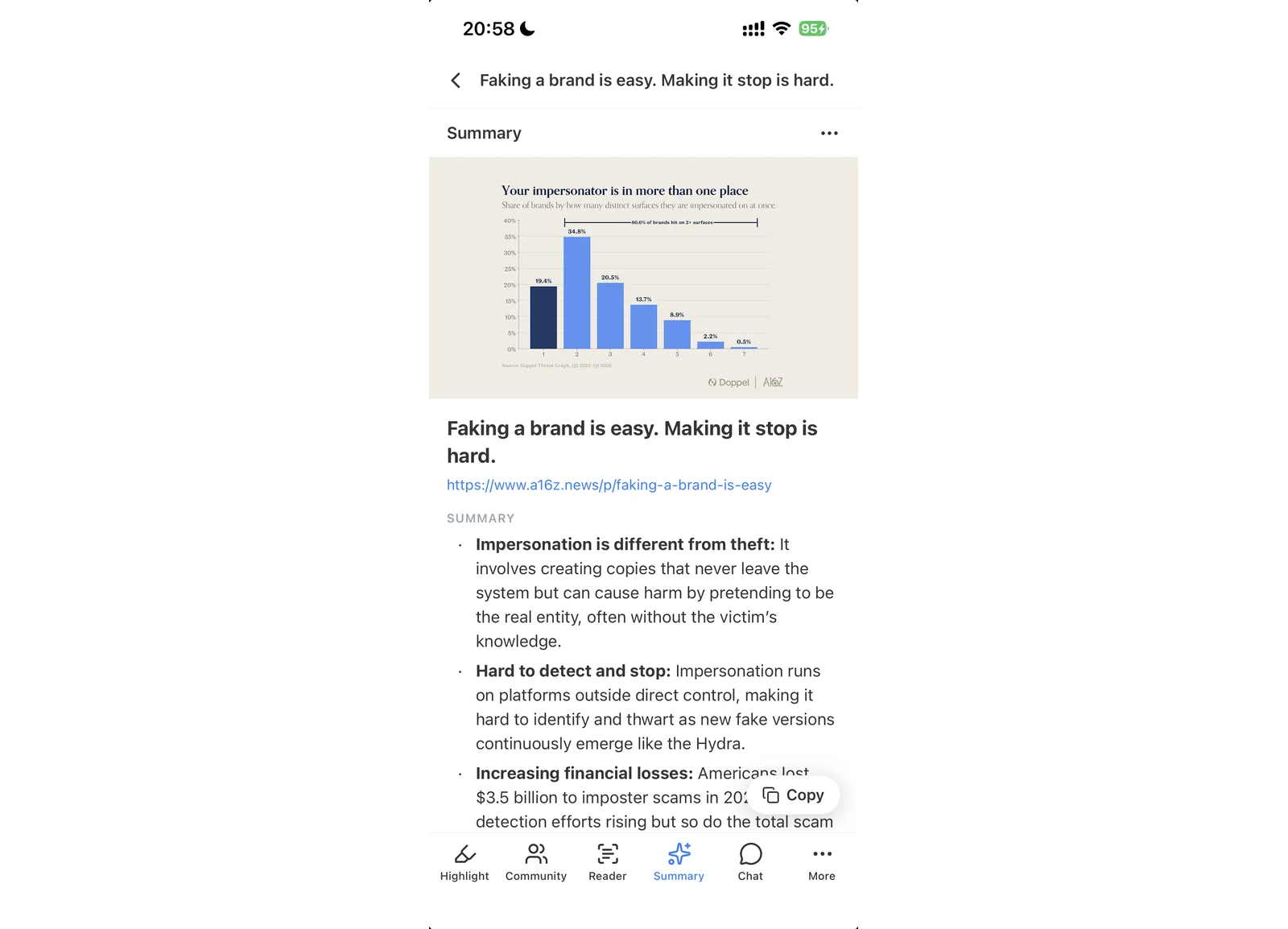 Um resumo de IA de um post de newsletter no Reader