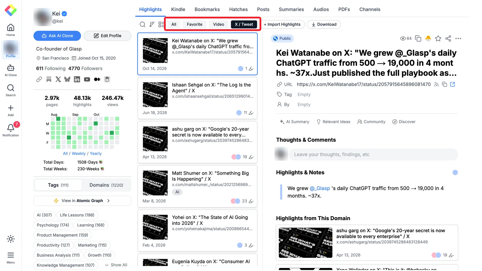 The Highlights tab on a Glasp profile, with filters for All, Video, and X posts, here showing highlights from X