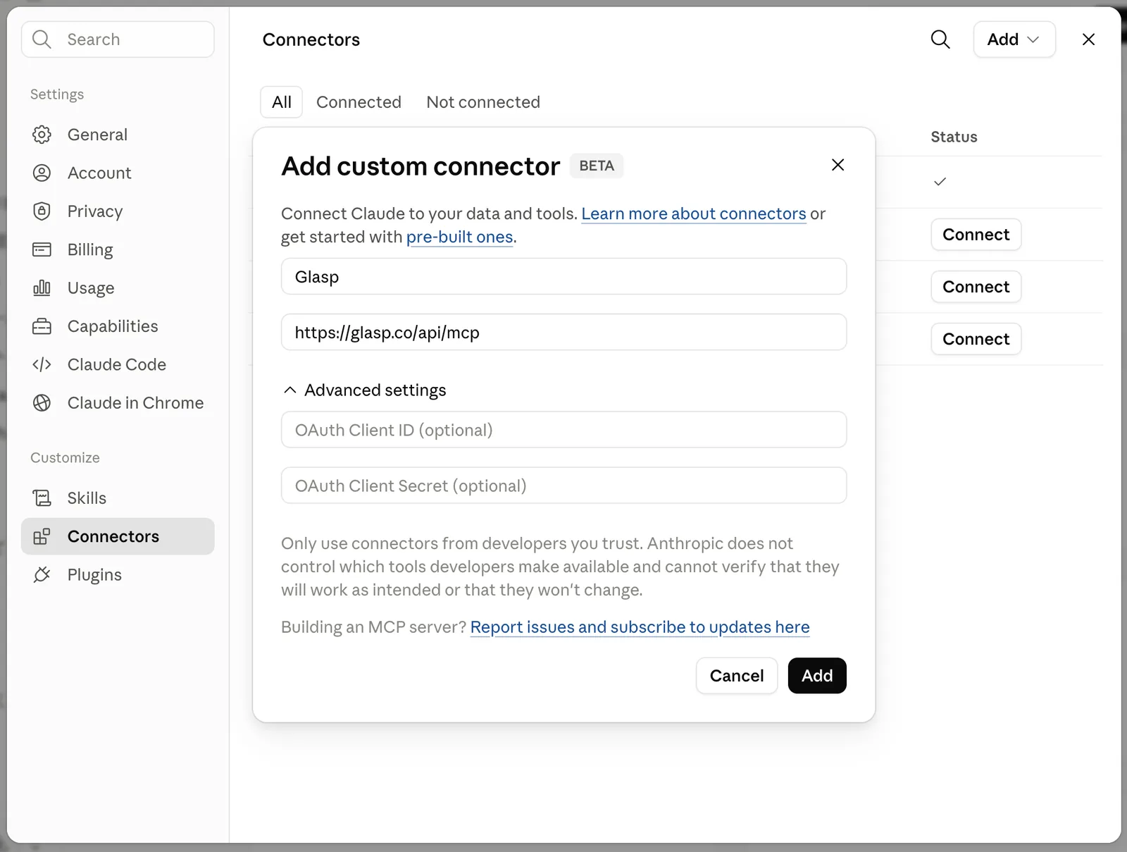 Adding Glasp as a custom connector in Claude
