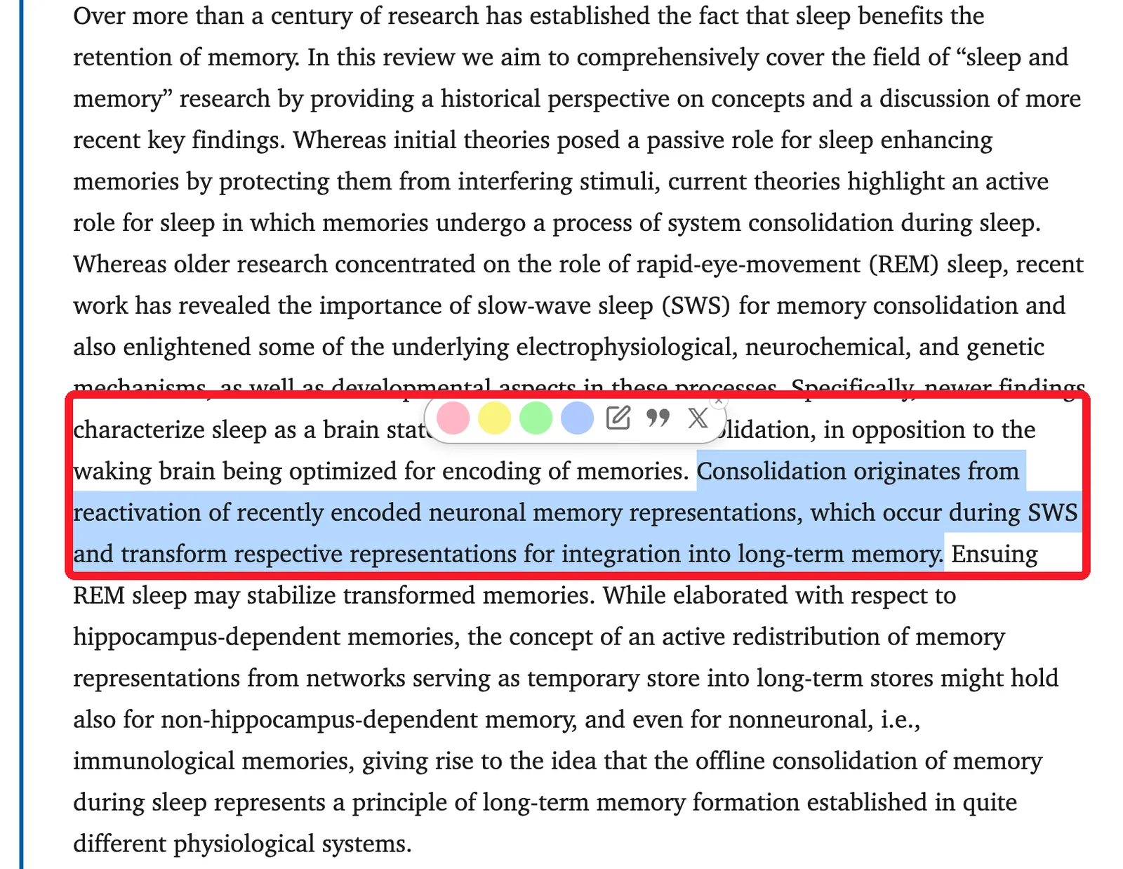 Selecting a sentence in a PubMed Central article brings up the Glasp color palette