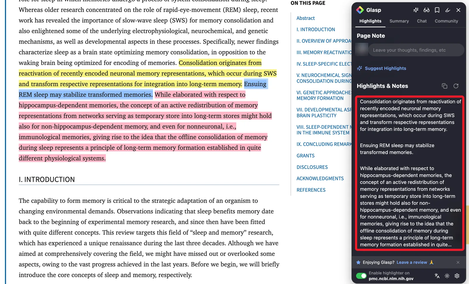 Highlights in three colors on a PubMed Central article, listed in the Glasp sidebar