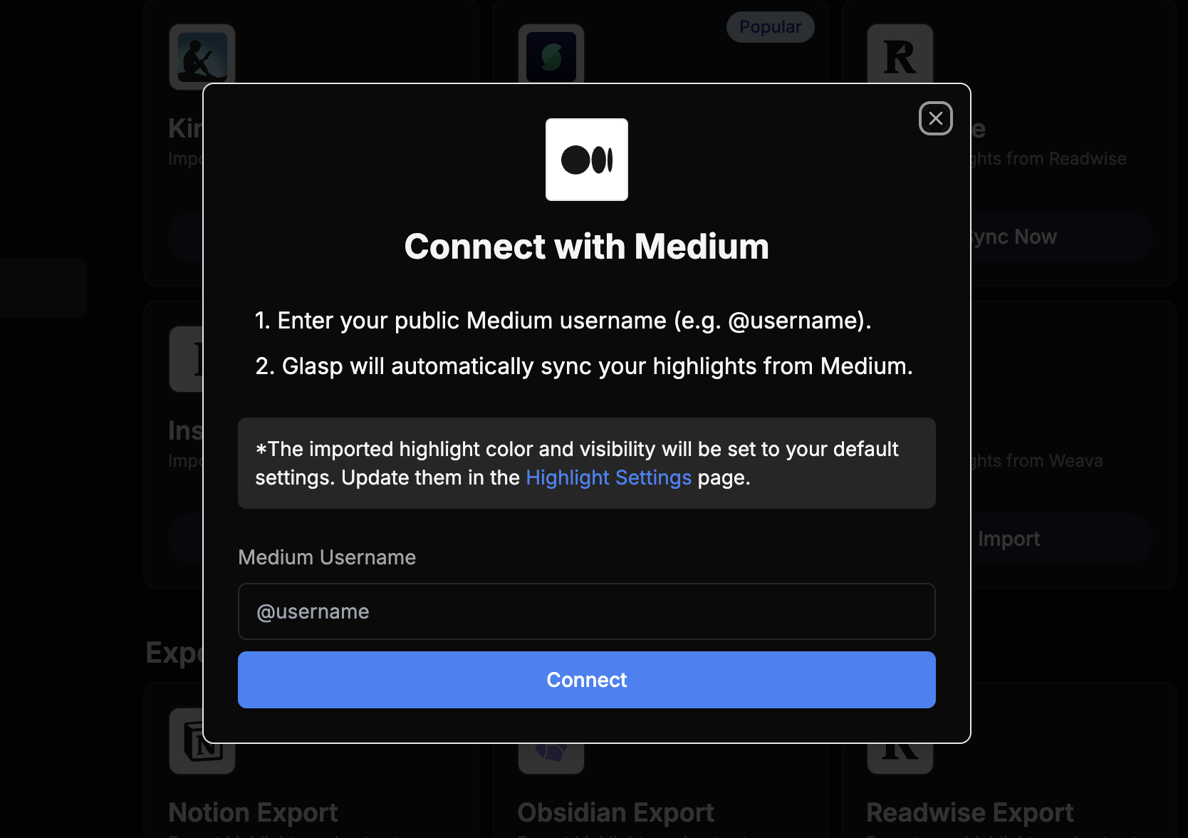 Connect with Medium modal on Glasp
