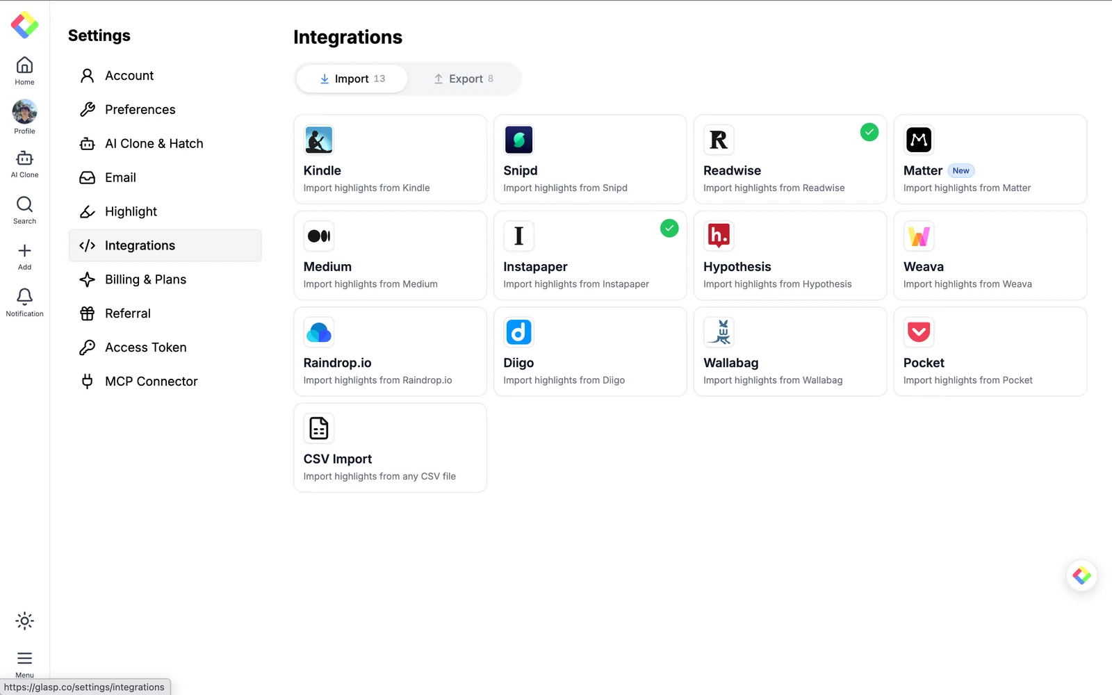 Integrations page on Glasp Settings