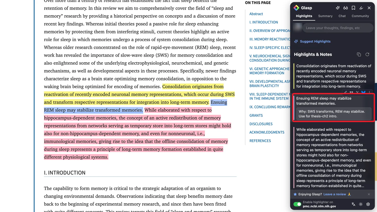 A highlight on a PubMed Central article with a one-line "Why" note in the Glasp sidebar