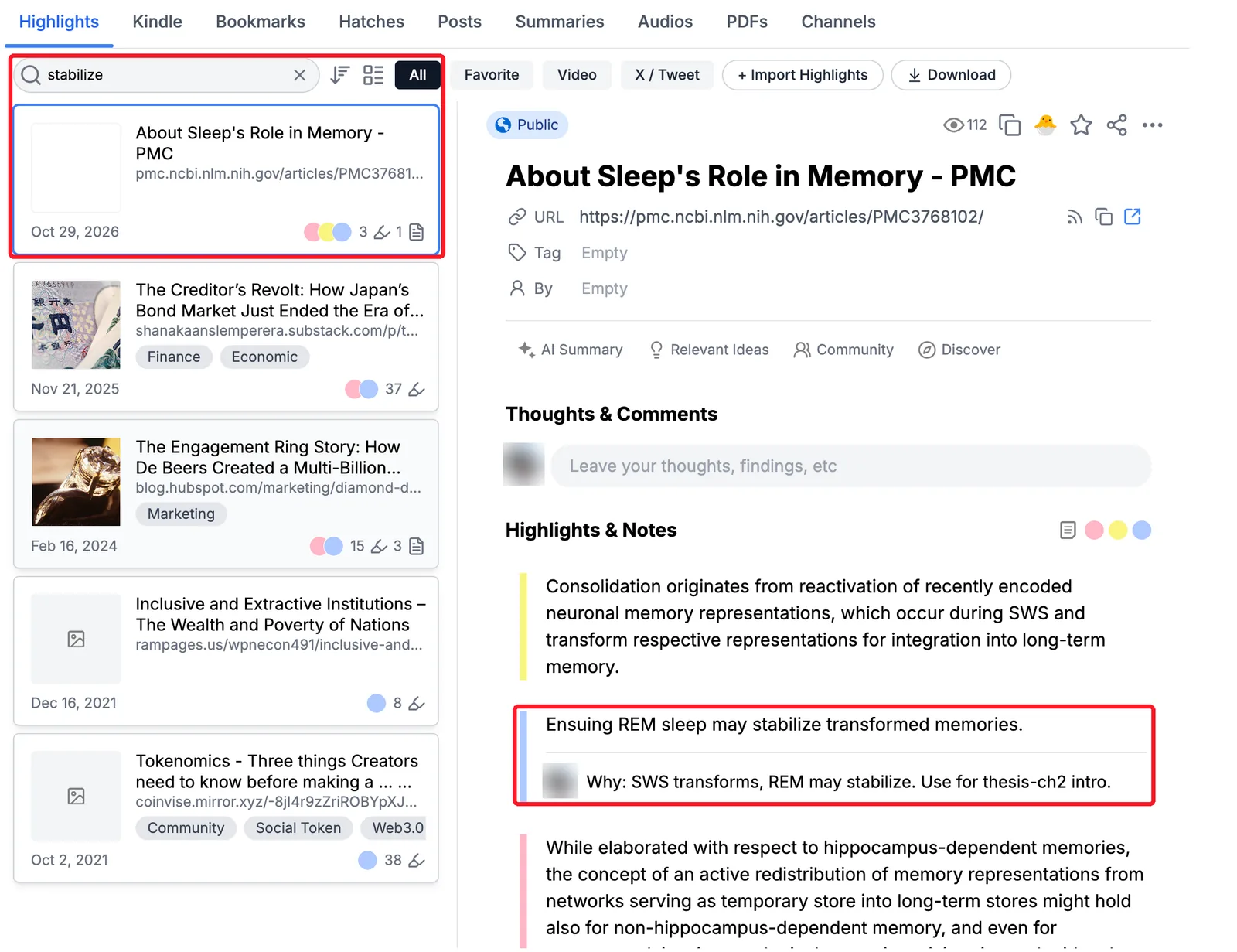 Searching the Highlights tab on a Glasp profile finds the paper, with the highlight and its note