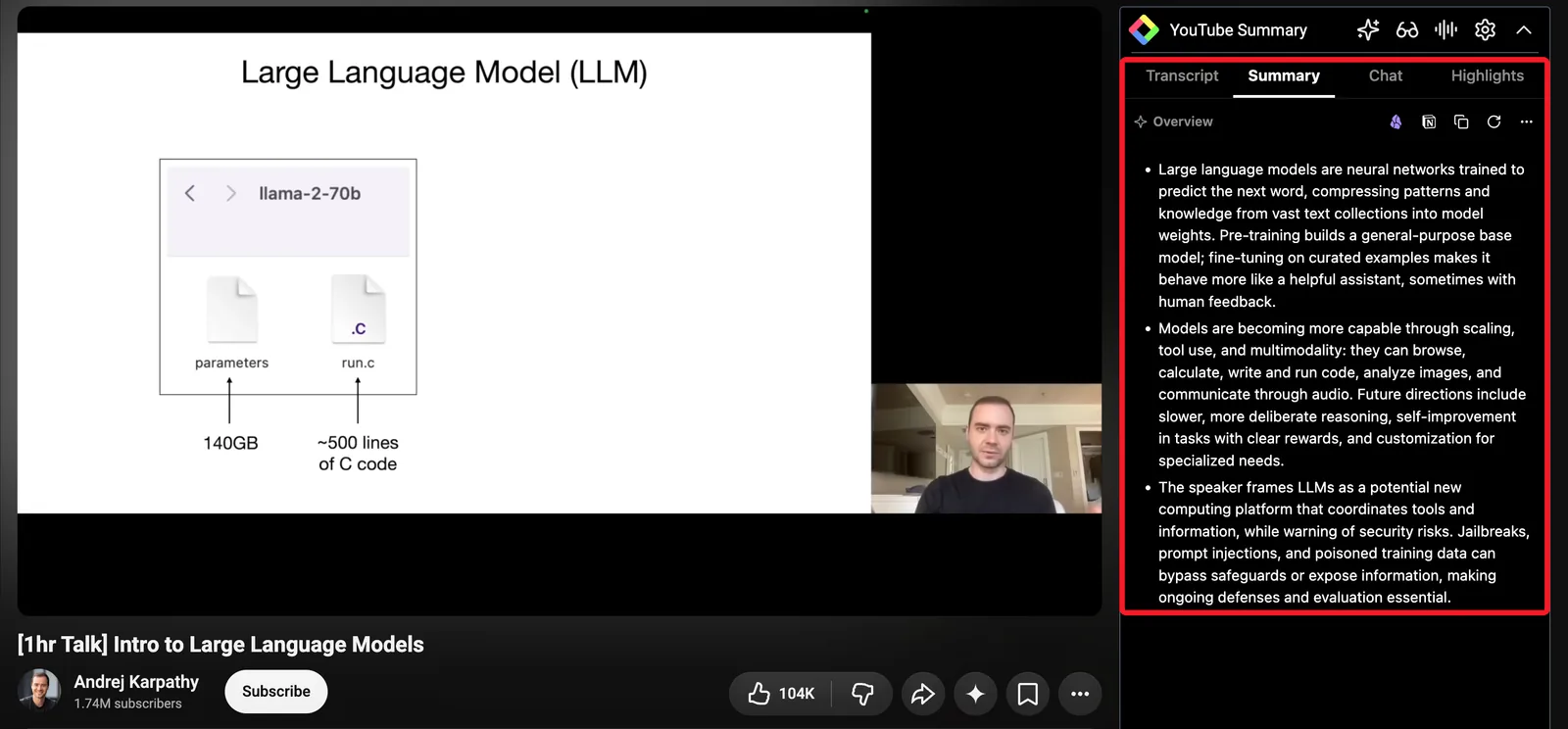 A one-hour talk on YouTube with the Glasp panel open on the Summary tab