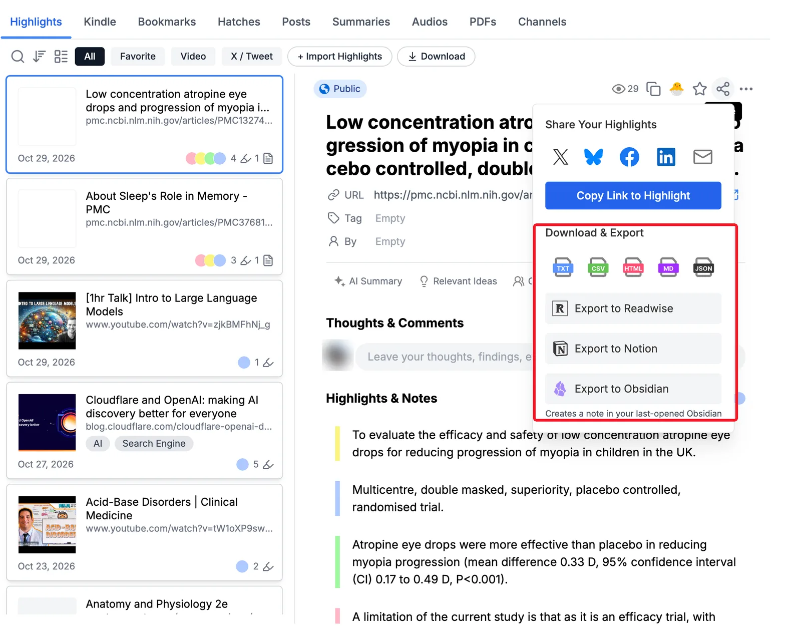 The share menu on one page, with Download & Export formats and Export to Readwise, Notion and Obsidian