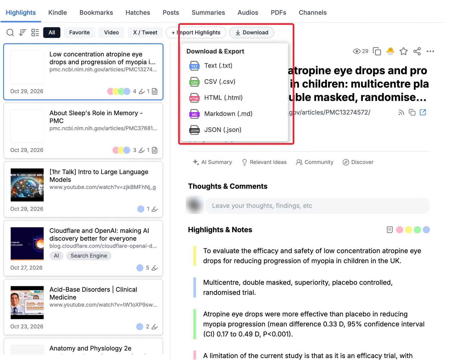 The Download menu above the highlights list on a Glasp profile, with Text, CSV, HTML, Markdown and JSON