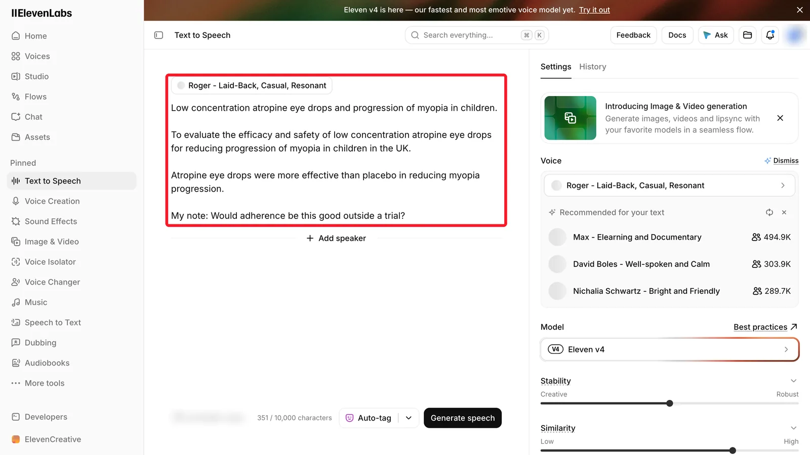 Highlights and a note pasted into ElevenLabs Text to Speech, with a voice selected and the Generate speech button below