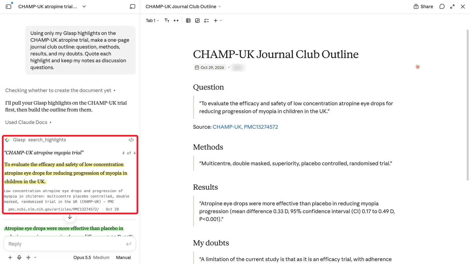 Claude searching Glasp highlights on the trial and building a journal club outline that quotes each highlight