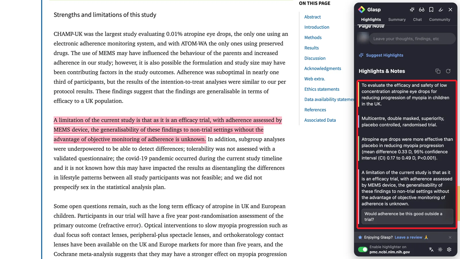 A randomized trial on PubMed Central with highlights in four colors and a discussion question as a note, listed in the Glasp sidebar