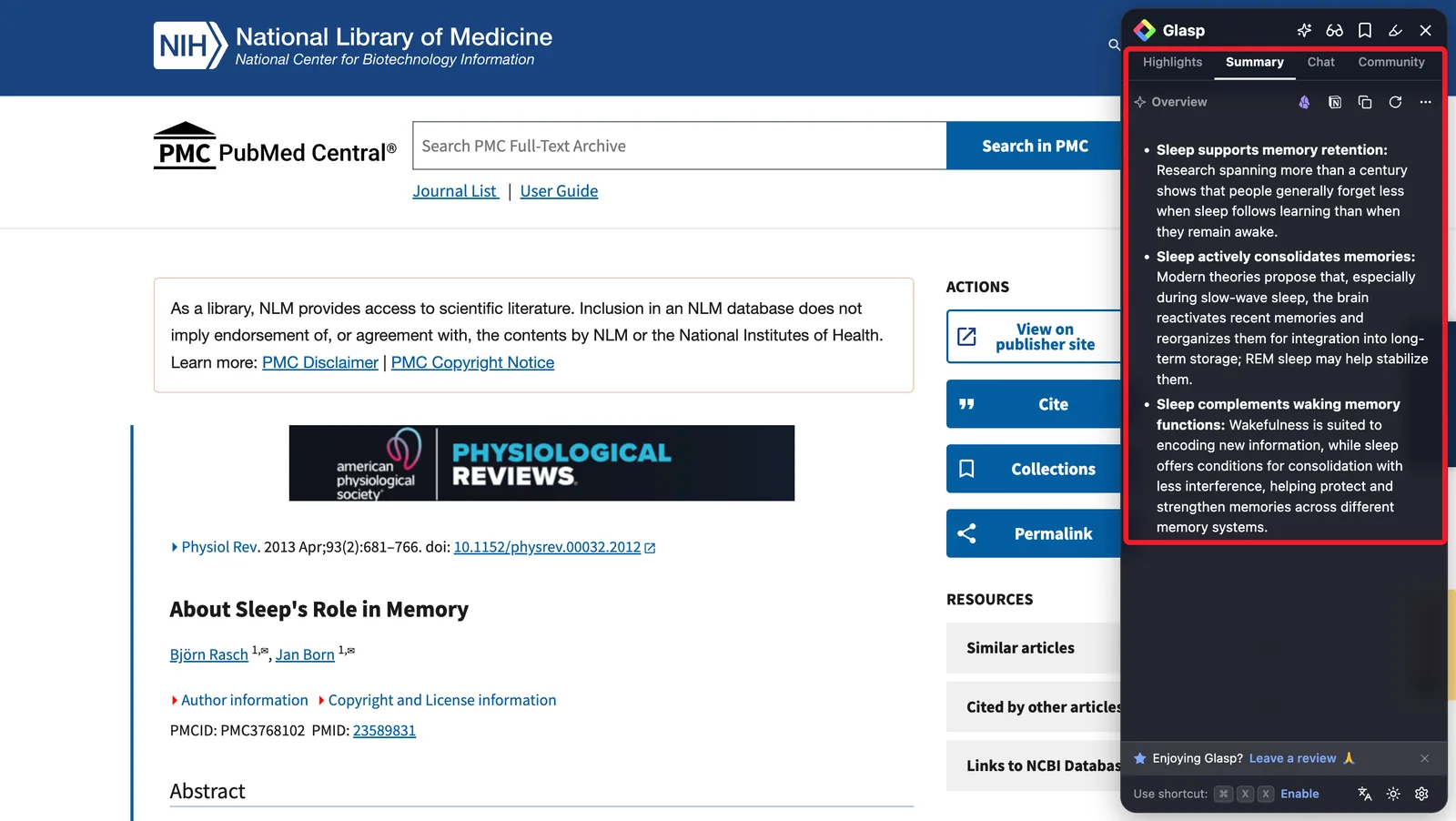 A review article on PubMed Central with the Glasp Summary tab open next to it