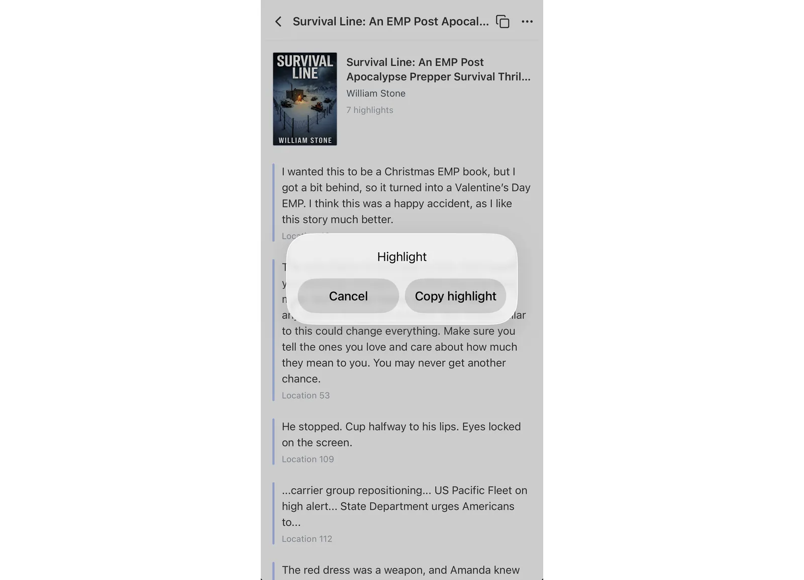 Tieni premuta un'evidenziazione Kindle nell'app Glasp per visualizzare Copy highlight