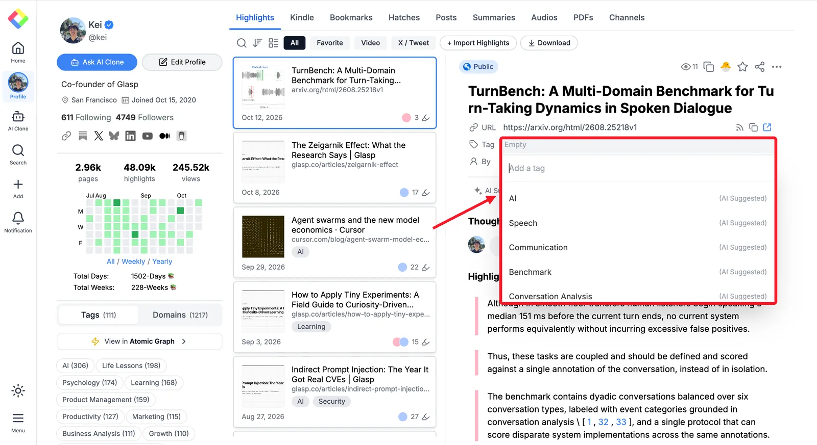 Adding a tag to a highlighted page