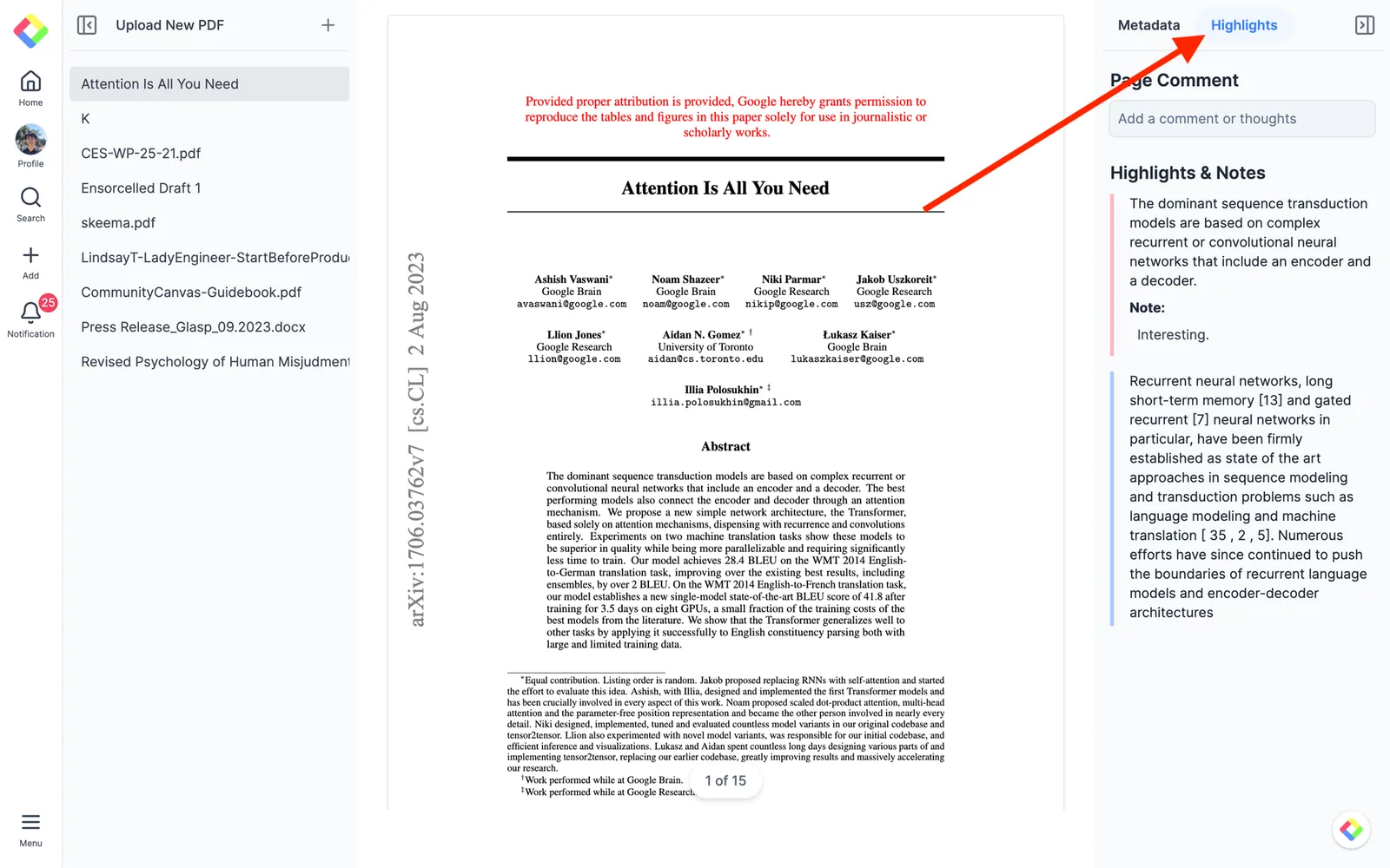 Um PDF enviado, com destaques e notas na barra lateral