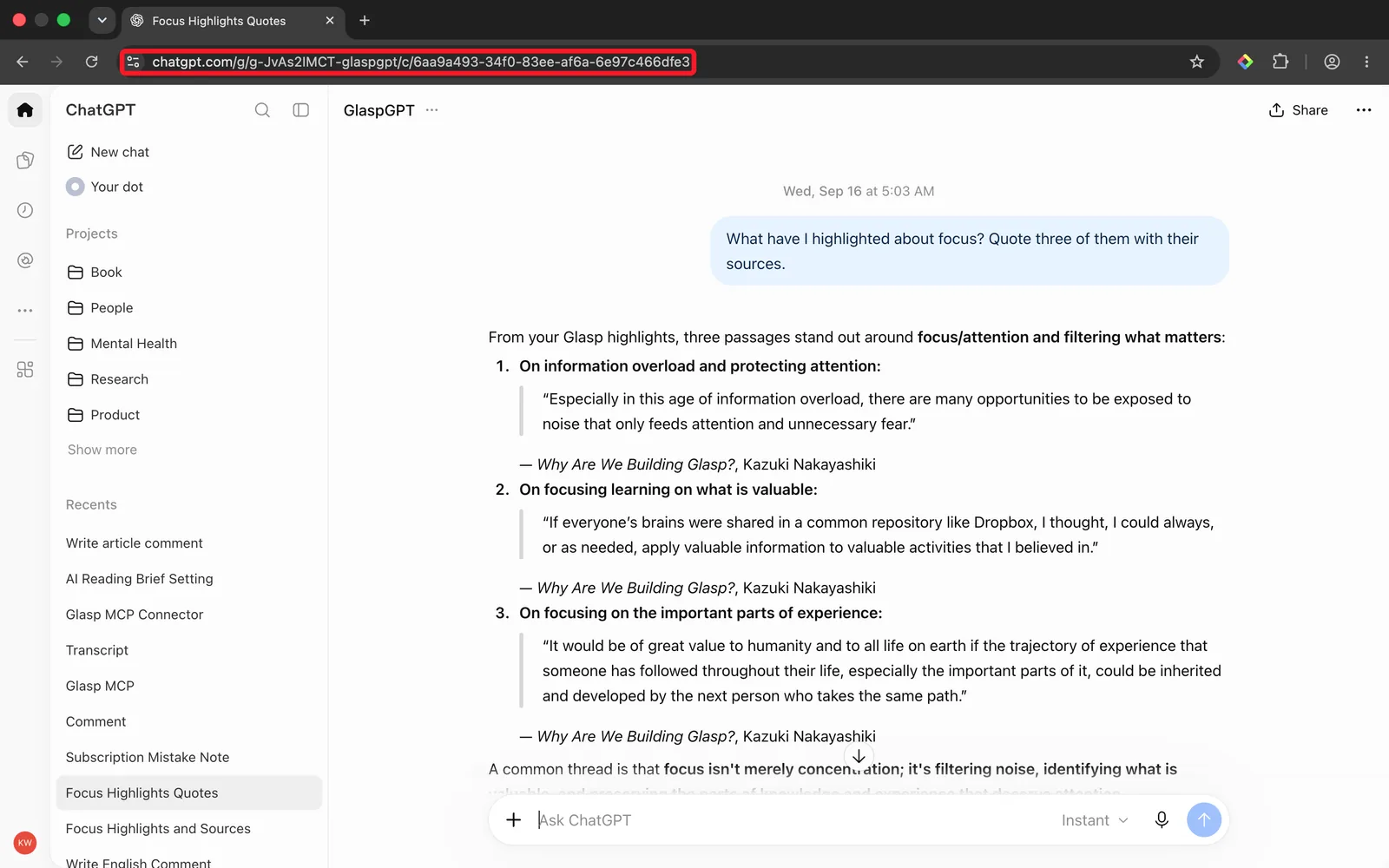 An AI chat thread open in the browser