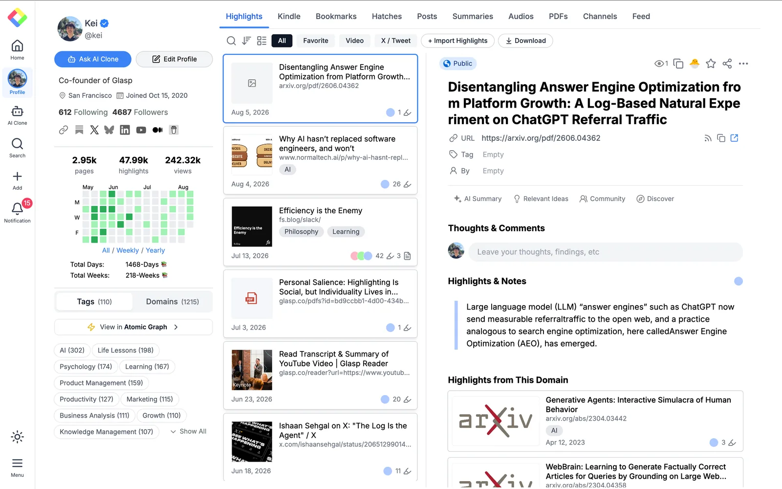 Searching saved highlights on the profile page