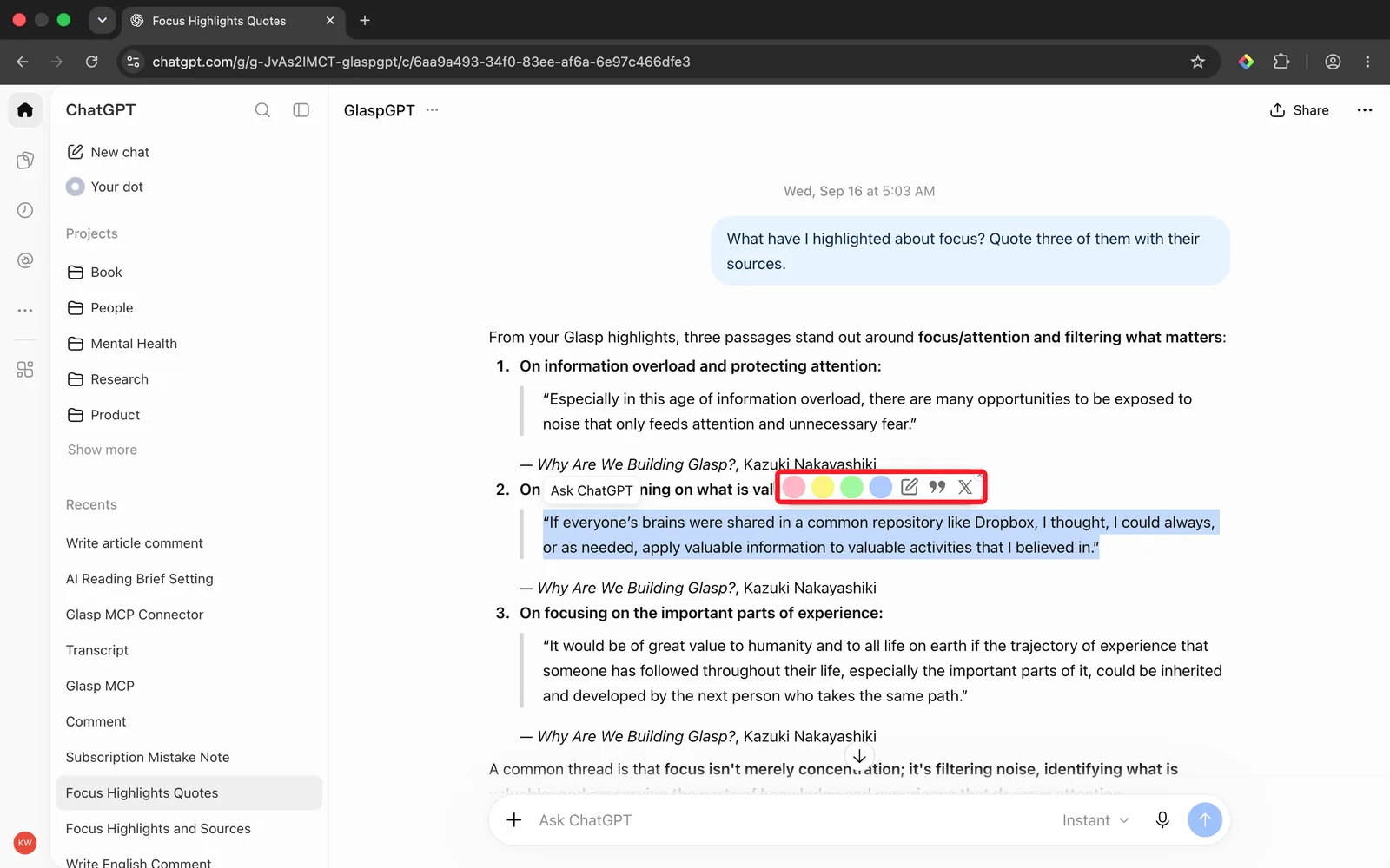 Selecting text in an AI answer to bring up the color palette