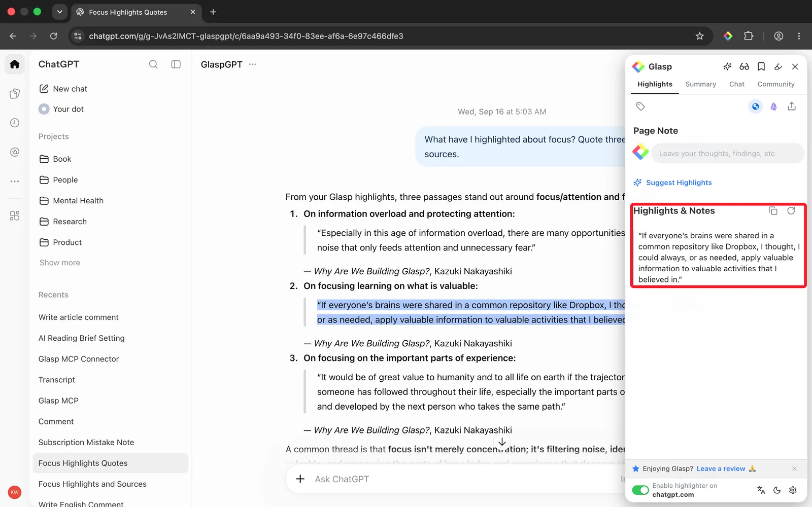 The highlighted answer and the Glasp sidebar
