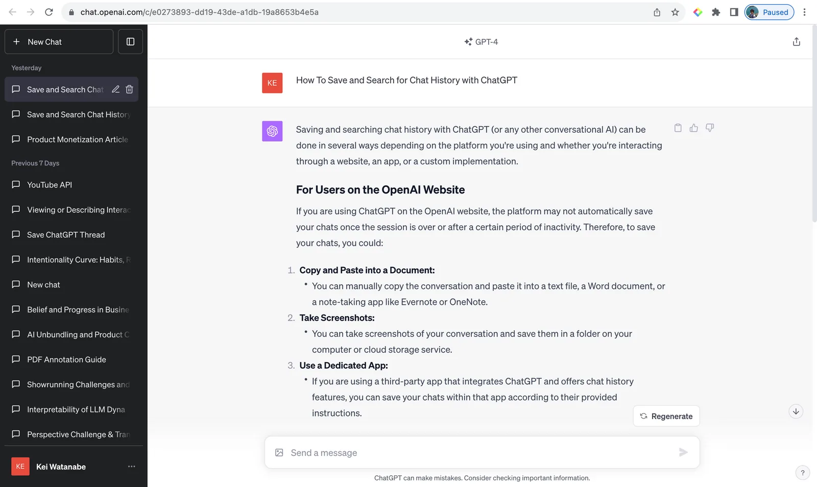 An AI chat thread open in the browser