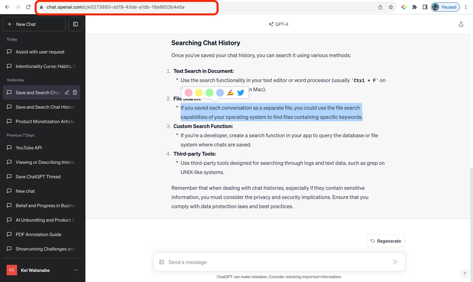 Selecting text in an AI answer to bring up the color palette