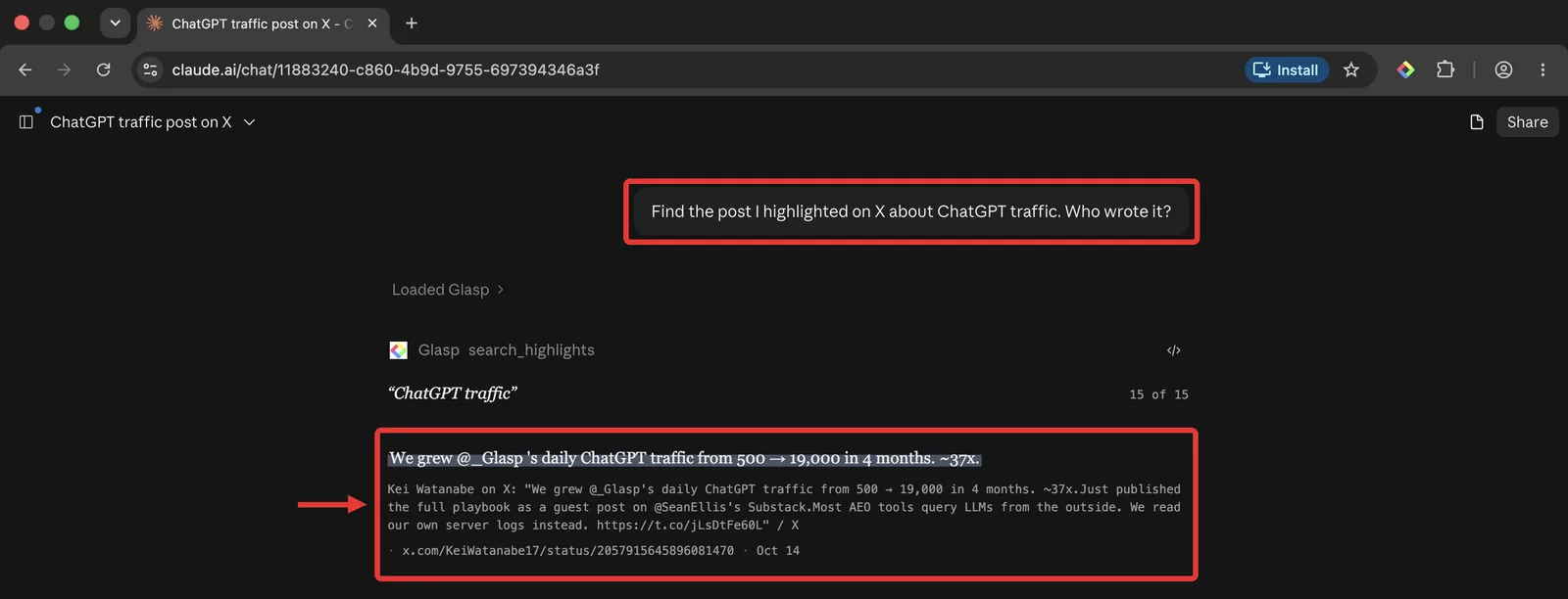 Claude searching your Glasp highlights and finding the X post, with its author and link