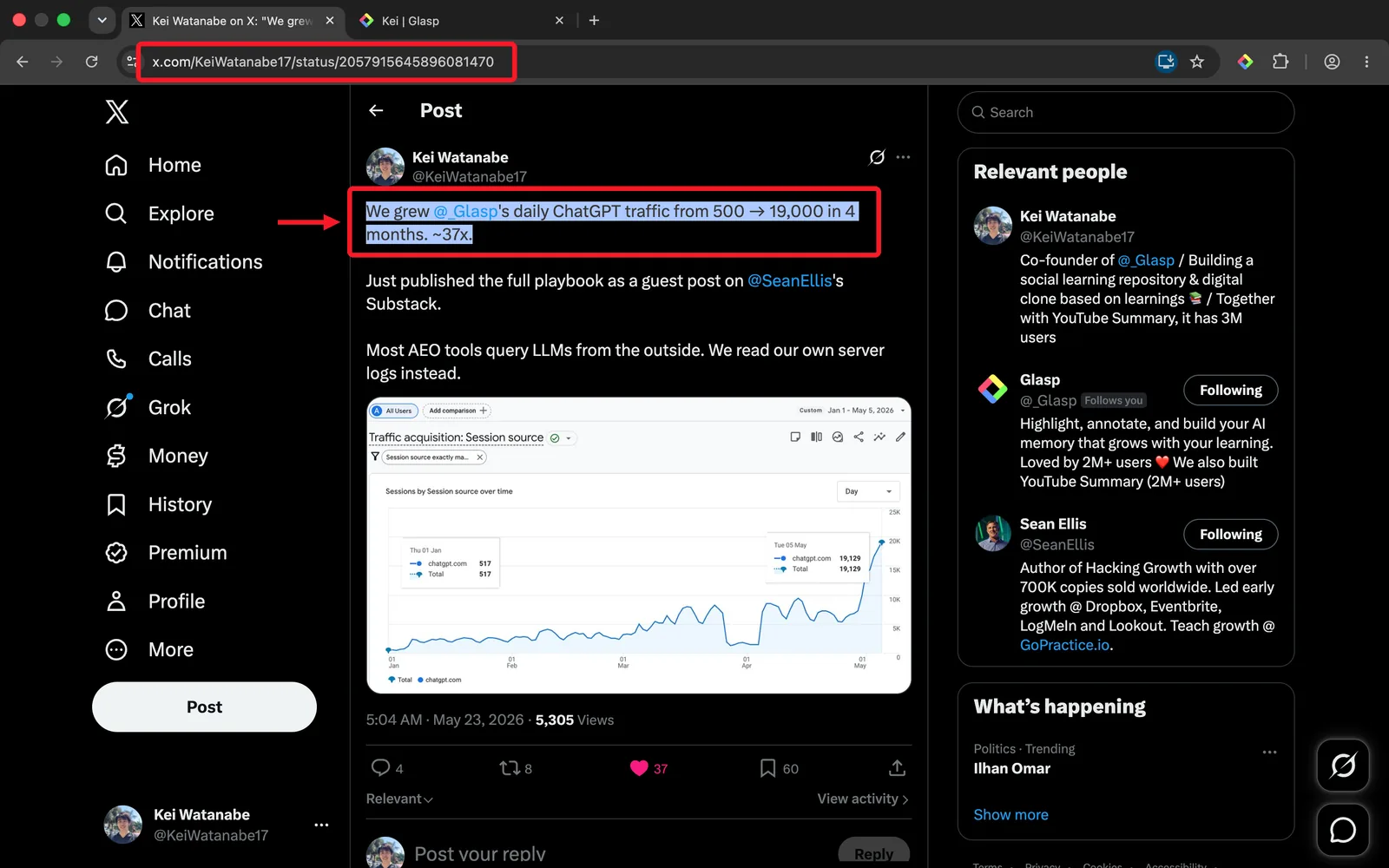 Highlighting an X post opened on its own page