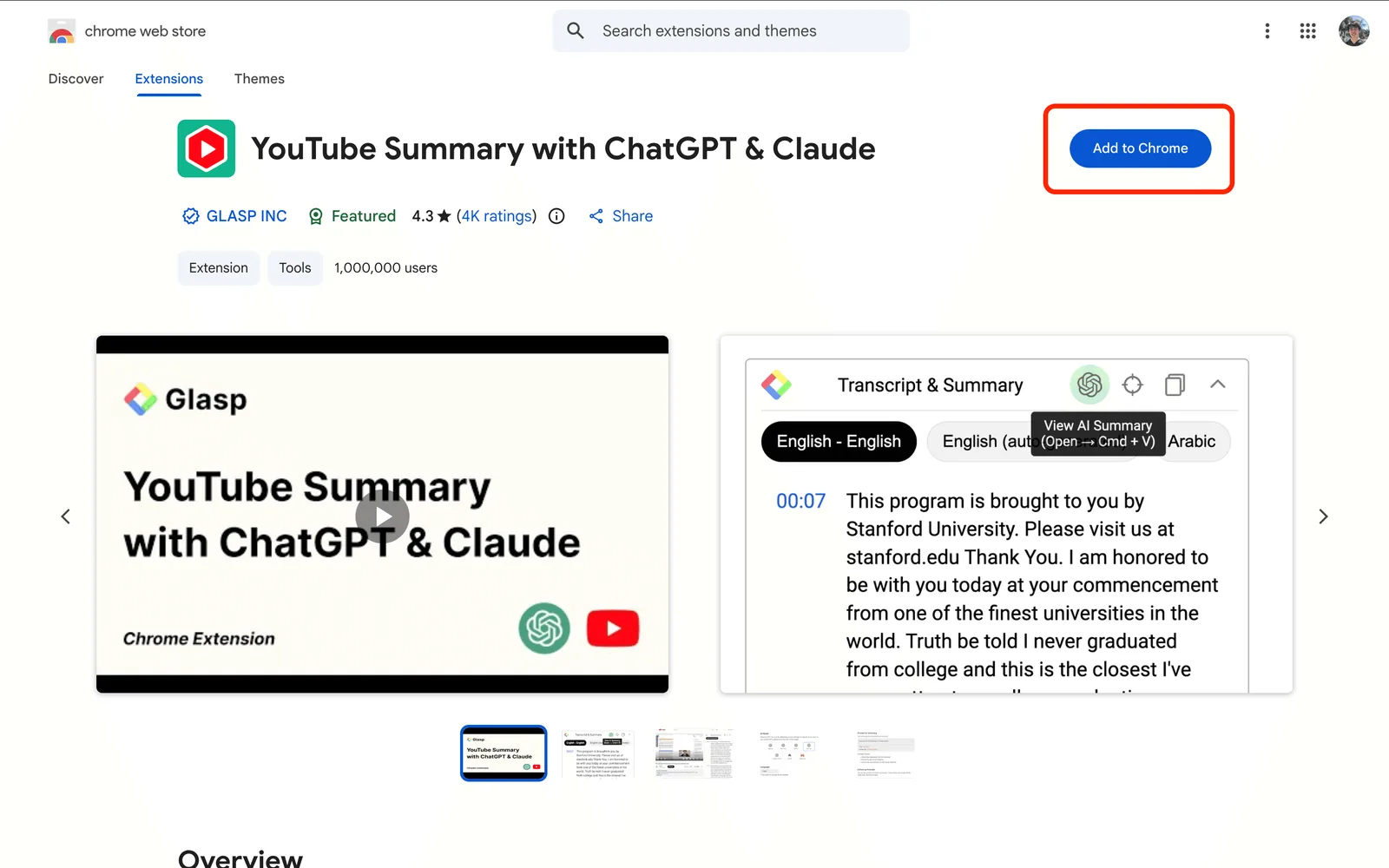 The YouTube Summary with ChatGPT extension on the Chrome Web Store