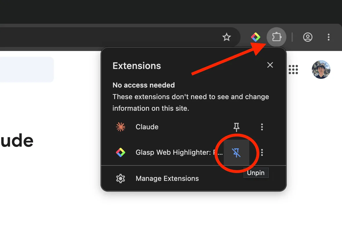 Pinning the Glasp extension to the Chrome toolbar