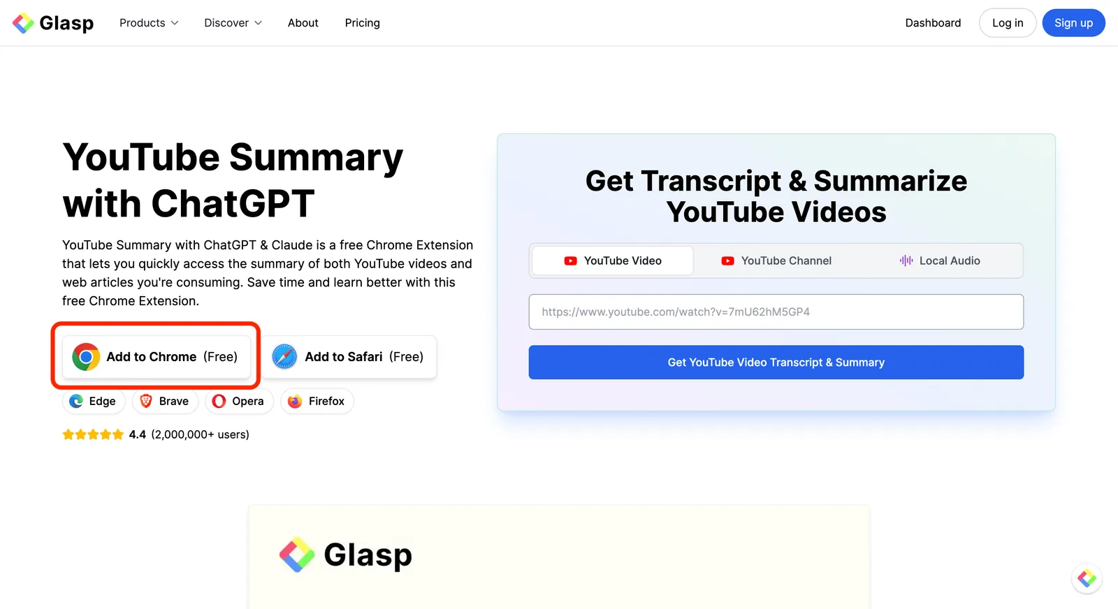 The YouTube Summary with ChatGPT landing page on Glasp