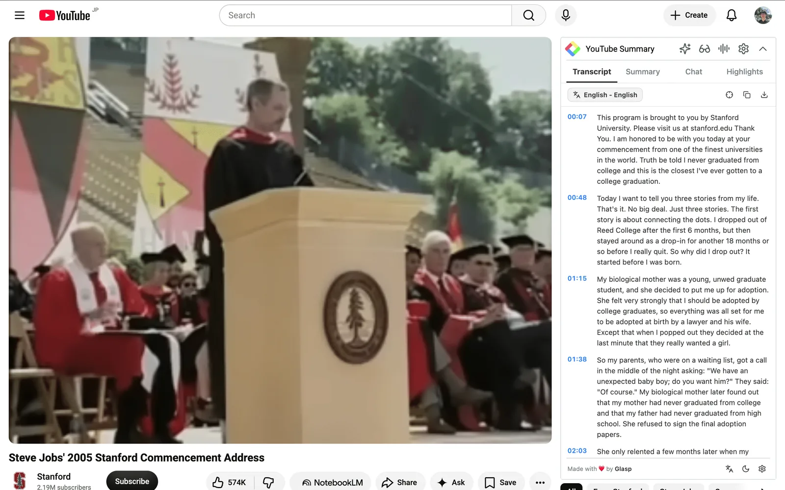 The YouTube Summary panel showing the Transcript tab next to a video