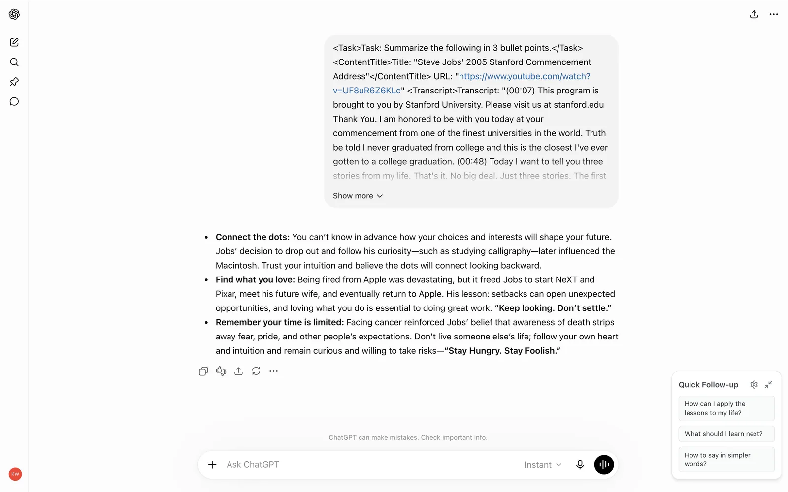 ChatGPT summarizing a YouTube transcript that Glasp pasted automatically