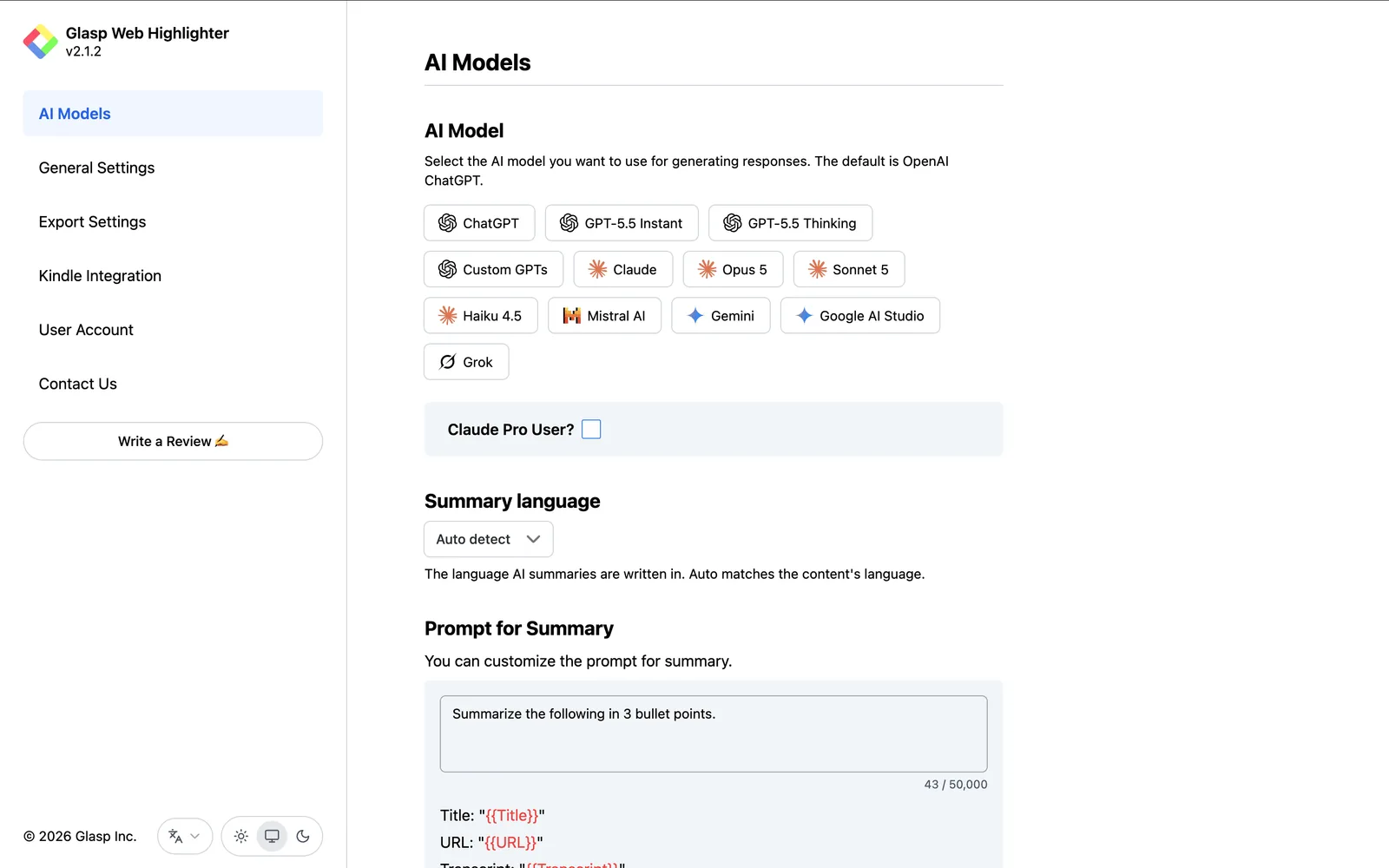 The AI model settings for the Glasp extension