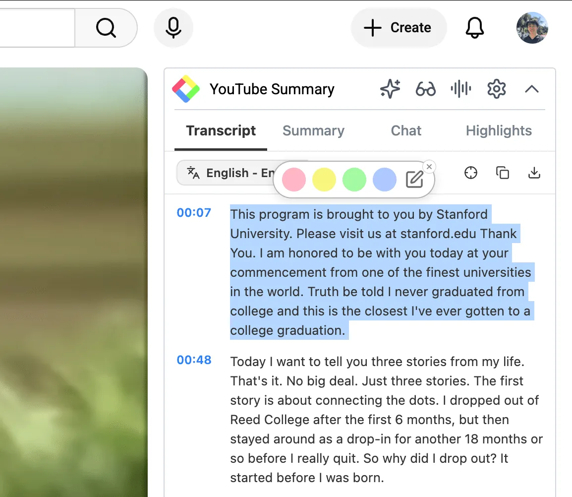 Selecting transcript text shows a color picker for highlighting