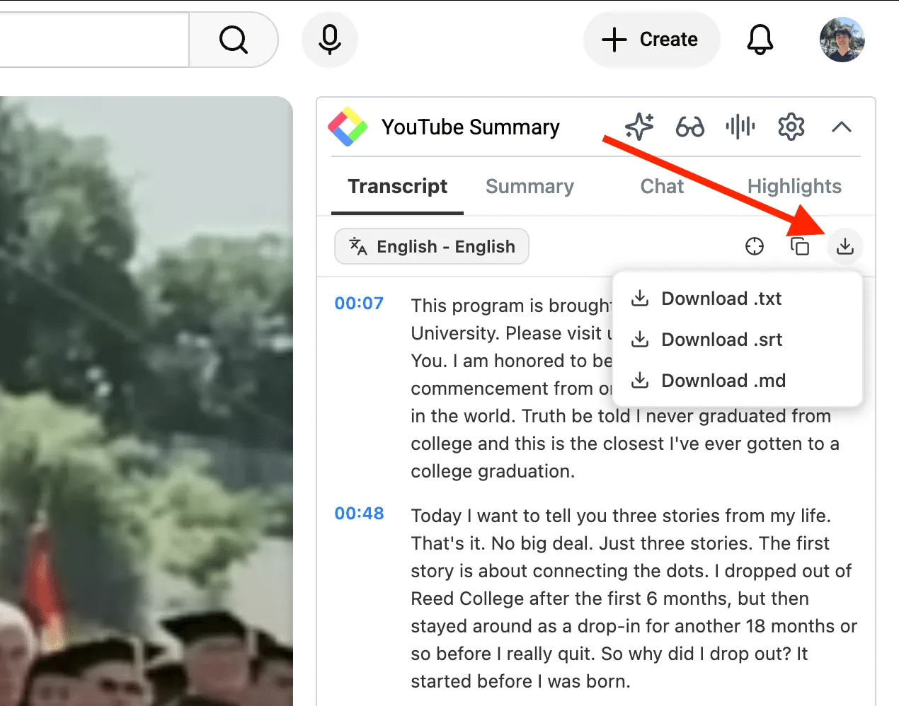 The download menu offering .txt, .srt, and .md formats