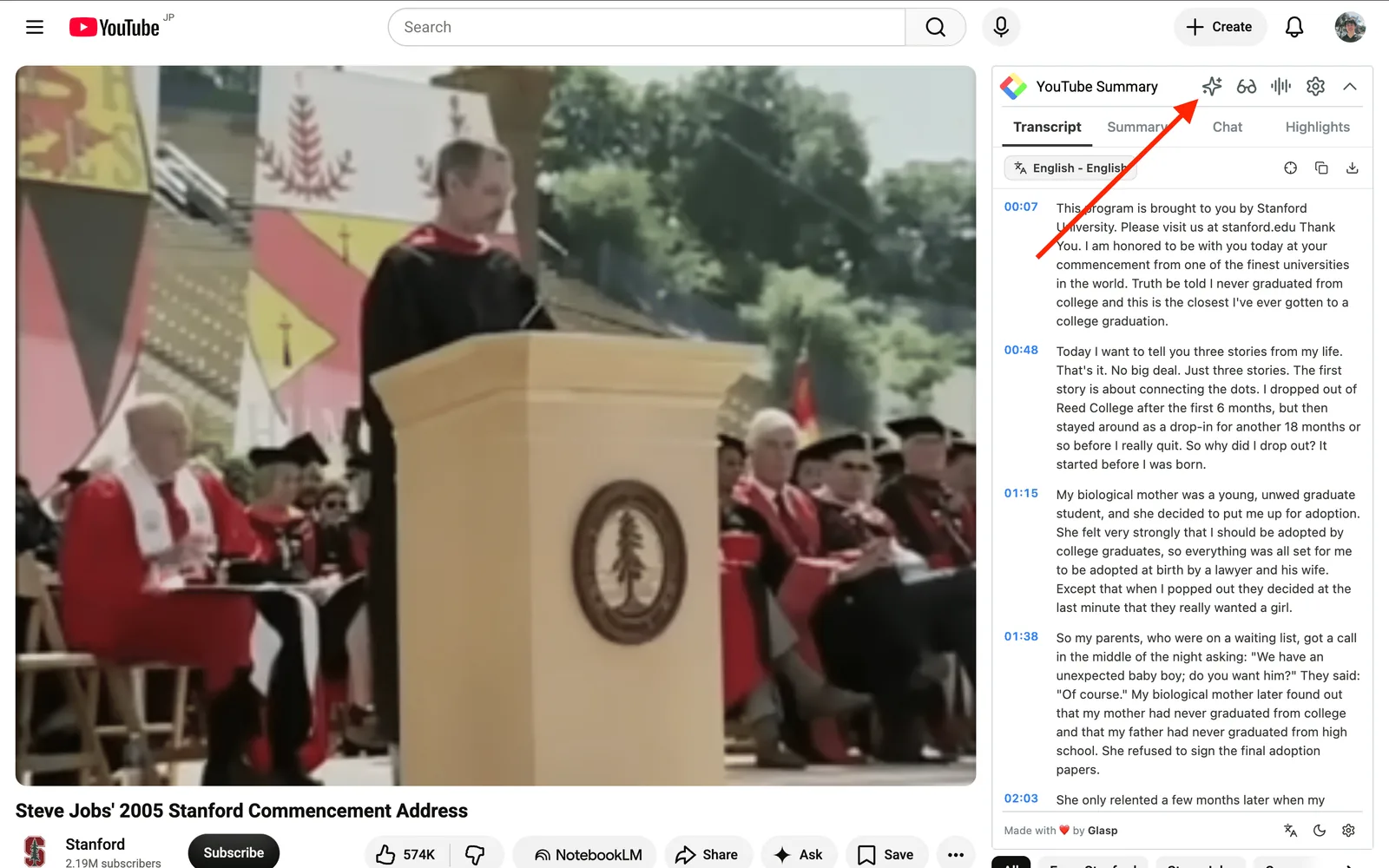 The summary icon in the YouTube Summary panel header
