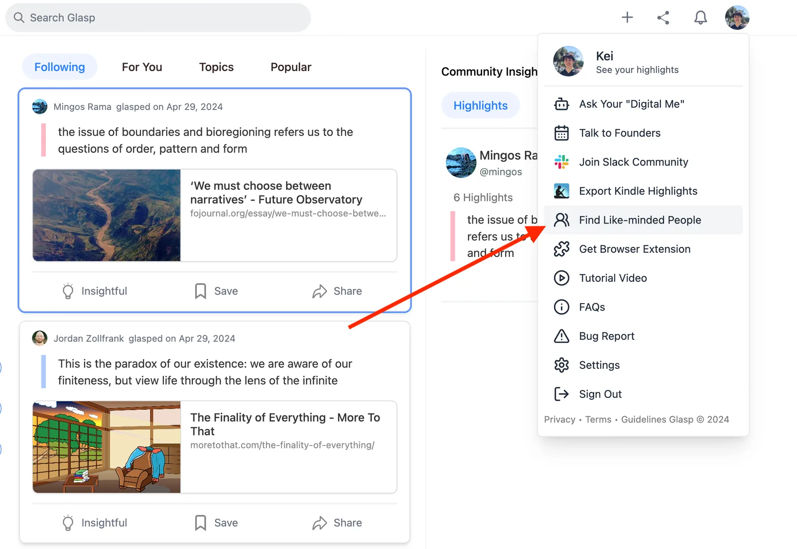 Choosing Find Like-minded people from the profile menu