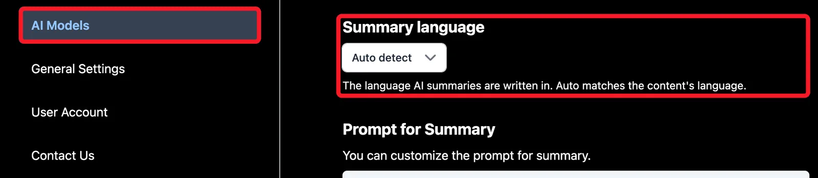Summary language under AI Models in the settings