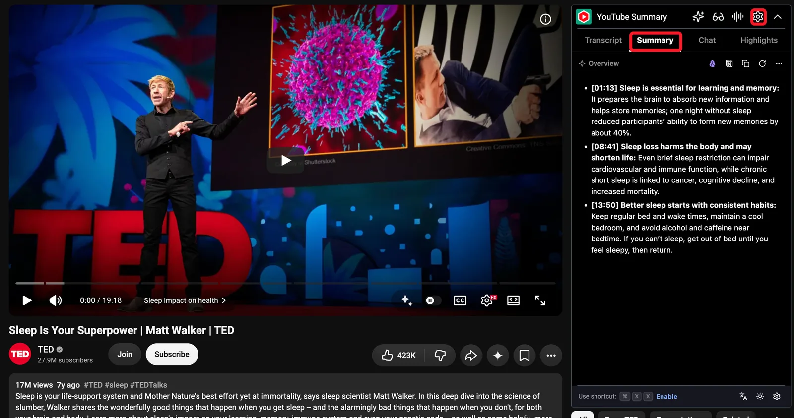 The Summary tab in the Glasp panel next to a YouTube video