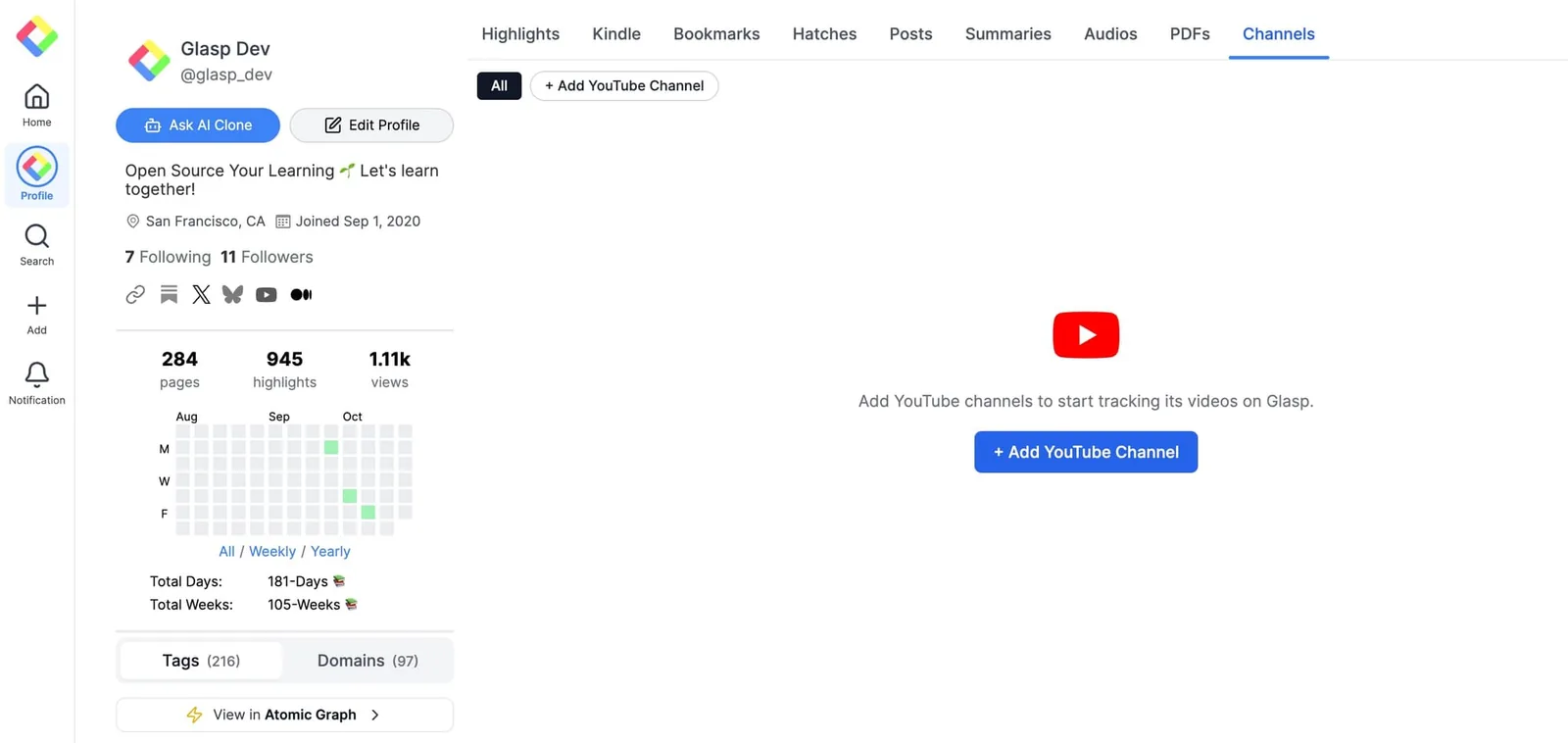 The Channels tab on a Glasp profile with the Add YouTube Channel button