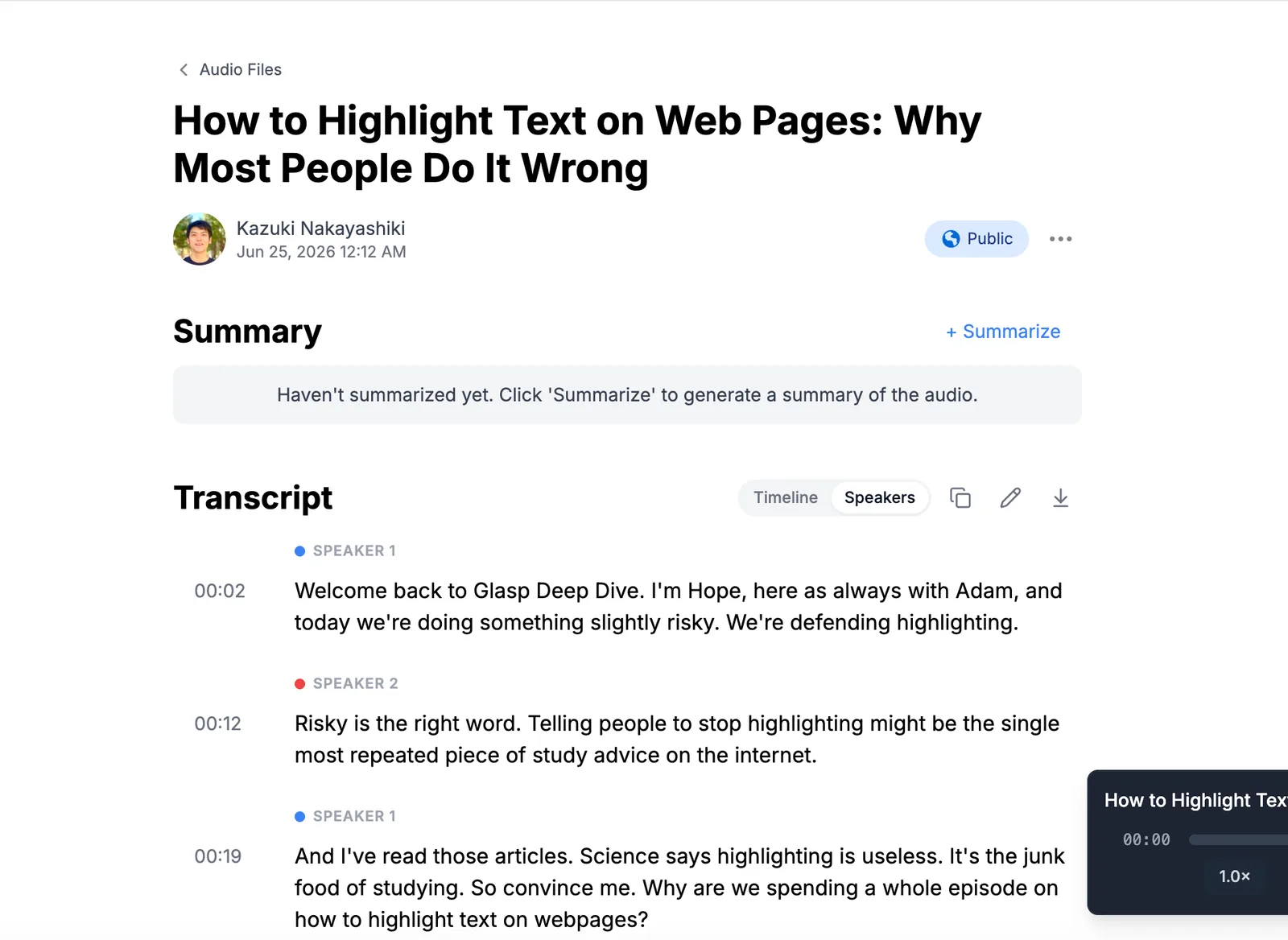 Speaker detection in the Glasp transcript view