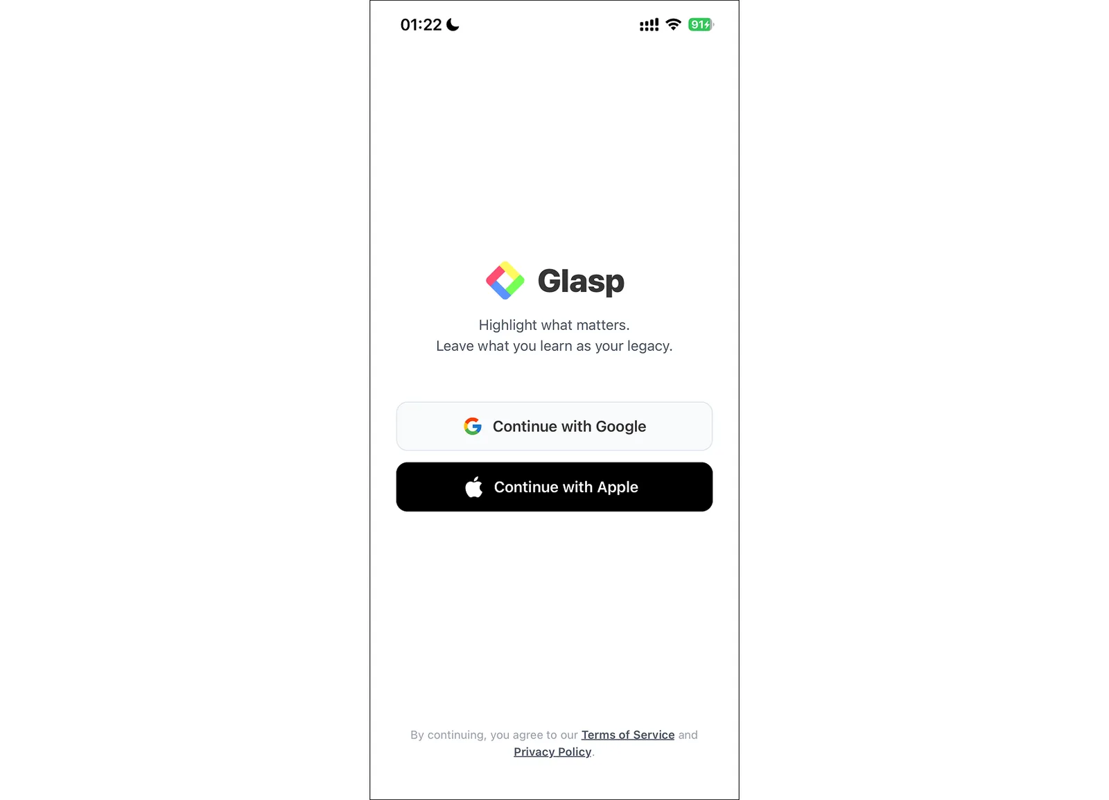 The Glasp app sign-in screen with Continue with Google and Continue with Apple