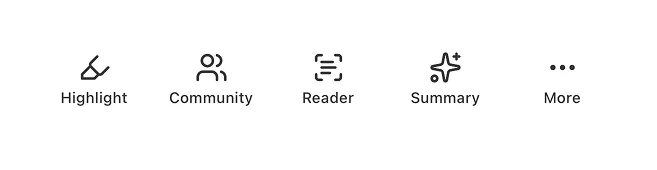 The in-app toolbar: Highlight, Community, Reader, Summary, and More