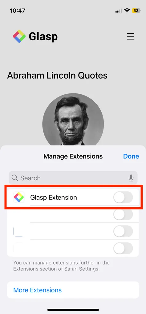 Turn on Glasp Extension and tap Done