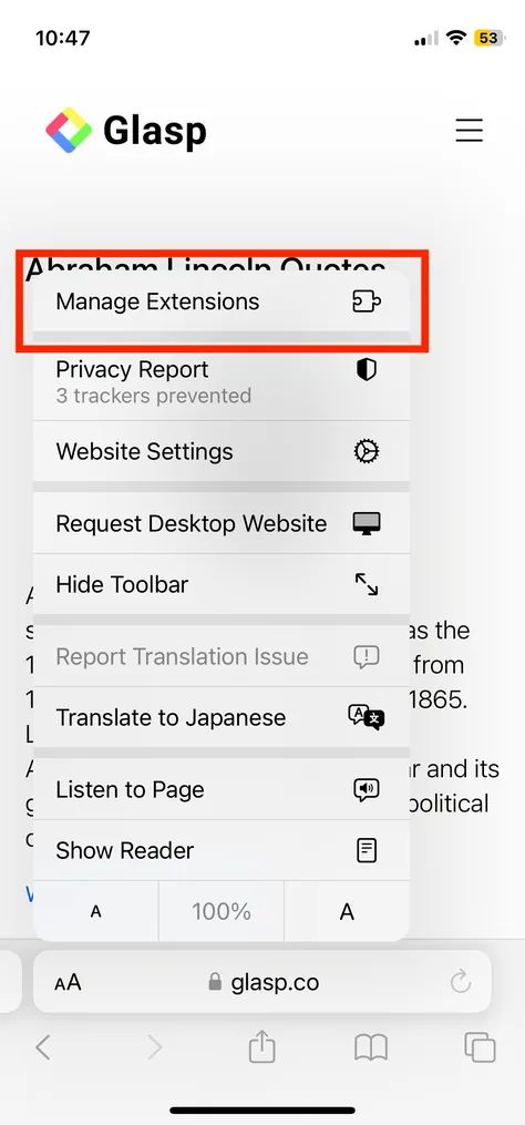 Tap Manage Extensions in the Safari menu