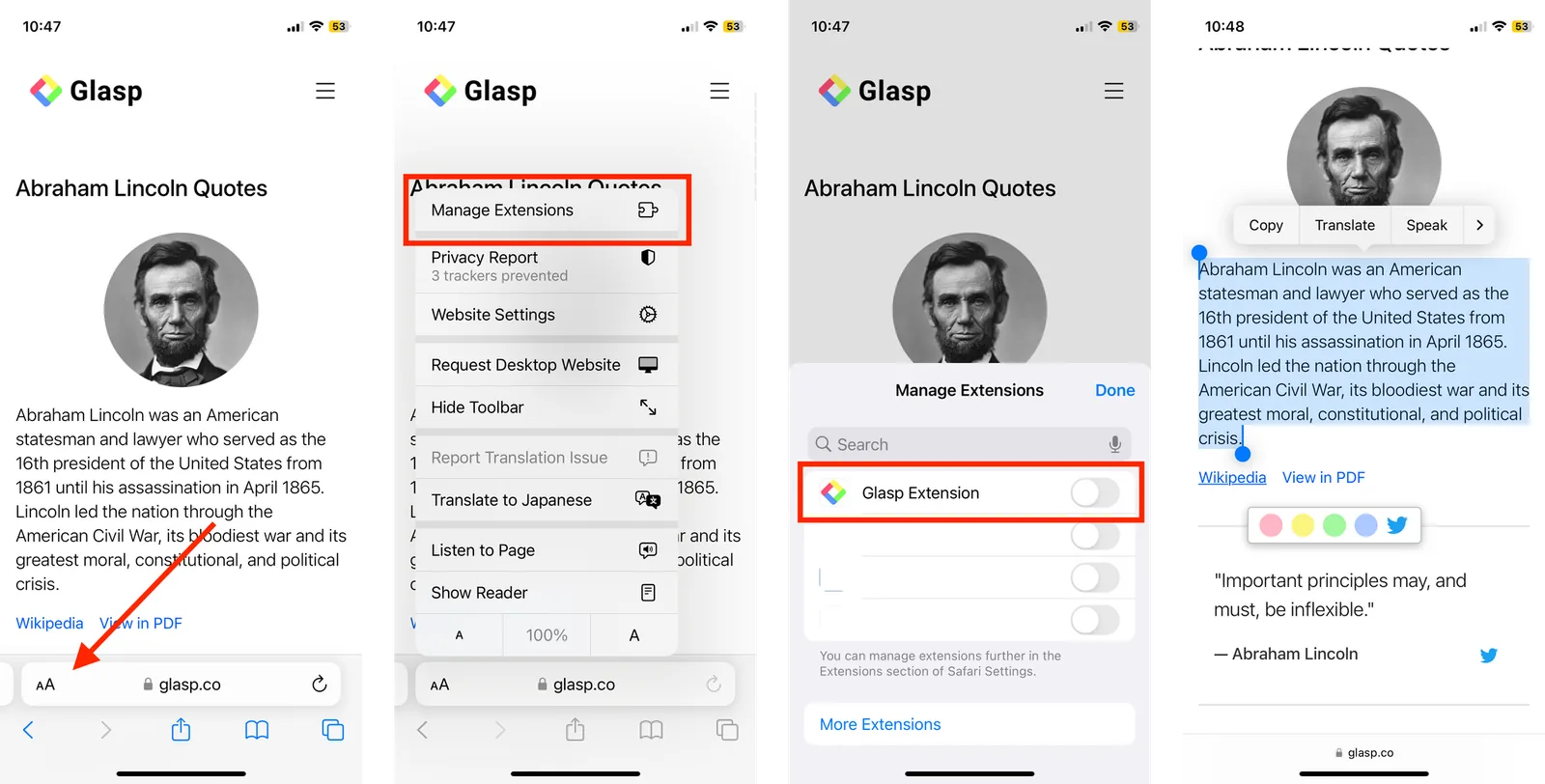 Enabling and using the Glasp Safari extension on iPhone