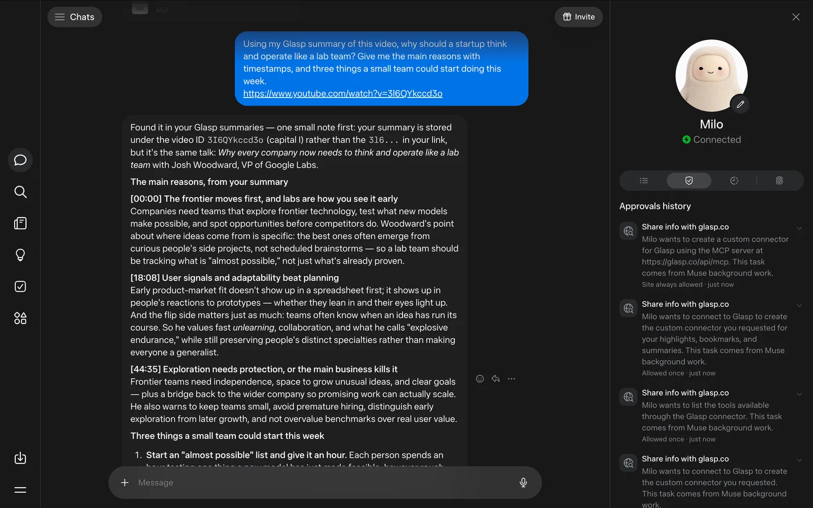 Asking Meta Muse about a YouTube video, answered from a Glasp summary with timestamps