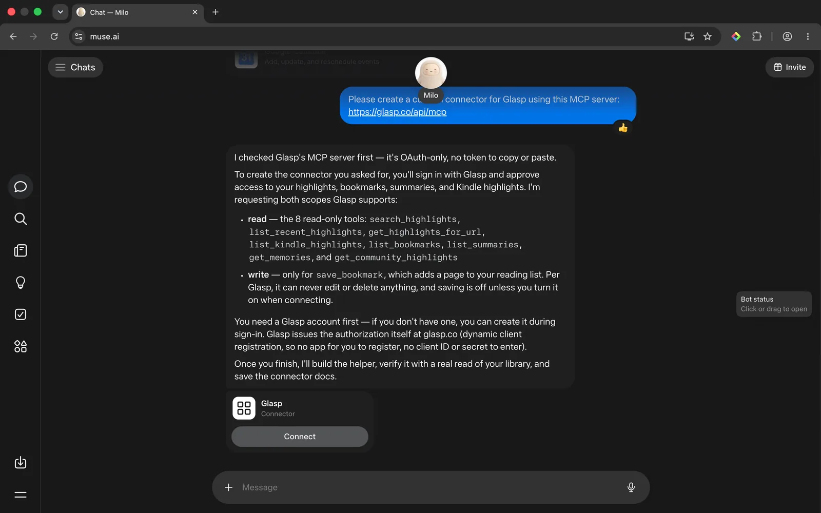 Muse listing the Glasp tools it will use, with a Connect button