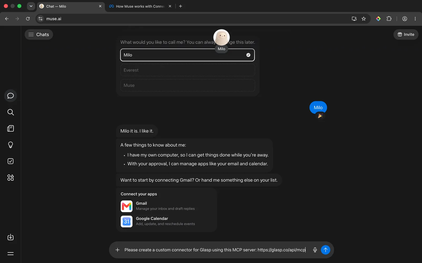 Sending the custom connector request in a Muse chat